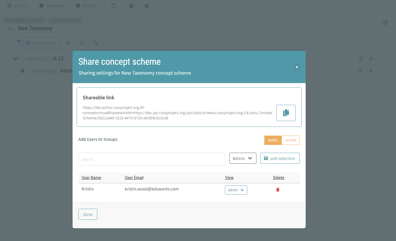 CAT Taxonomy Management - Share Taxonomy and Manage Users